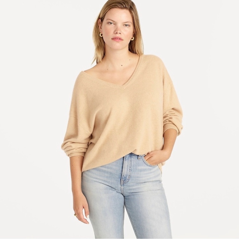 J. Crew Cashmere Relaxed Cream/Tan new V-Neck Formal Casual Spring Sweater XXS